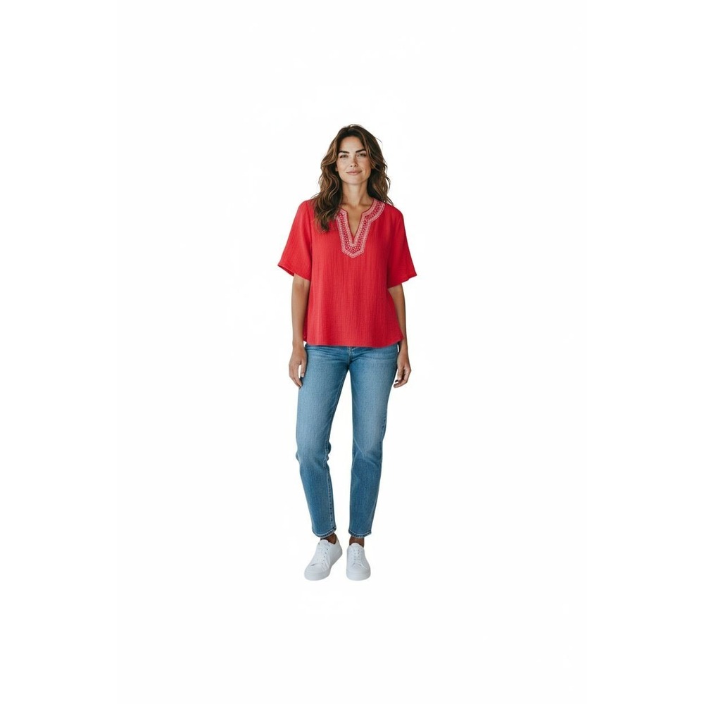 Cathy Daniels XL Short Sleeve Red Ornate Front‎ Vintage.